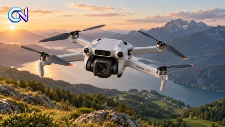 DJI Mini 5 Pro foldable camera drone featuring a compact body, integrated camera gimbal and four propellers.