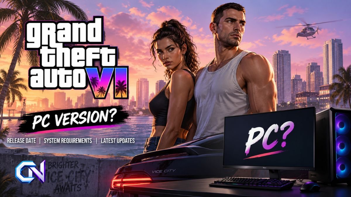 Grand Theft Auto VI artwork featuring Jason and Lucia with GTA 6 PC release information