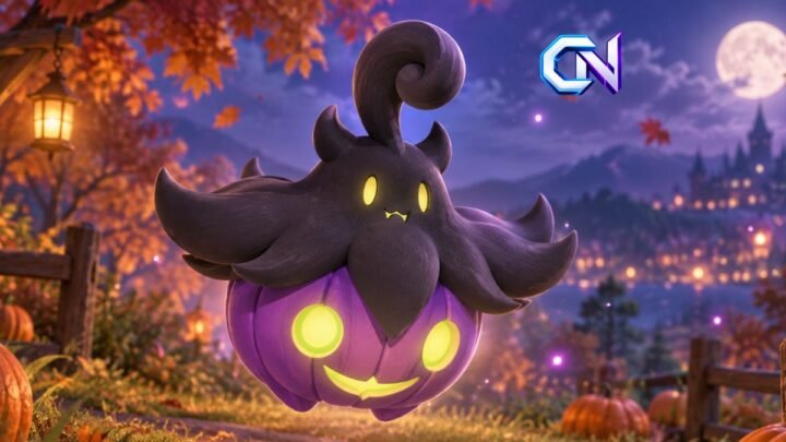 Shiny Pumpkaboo Pokémon with a purple pumpkin body, dark upper section and glowing yellow-green details, showing its distinctive alternate colouring.