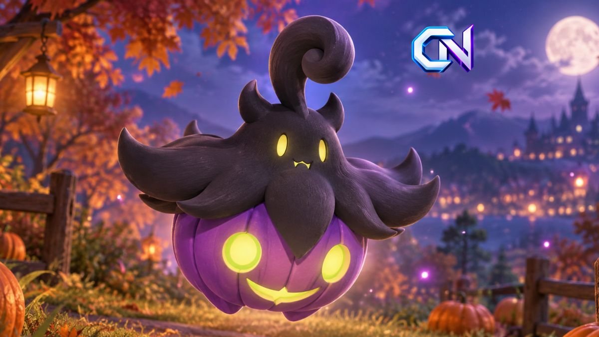 Shiny Pumpkaboo Pokémon with a purple pumpkin body, dark upper section and glowing yellow-green details, showing its distinctive alternate colouring.