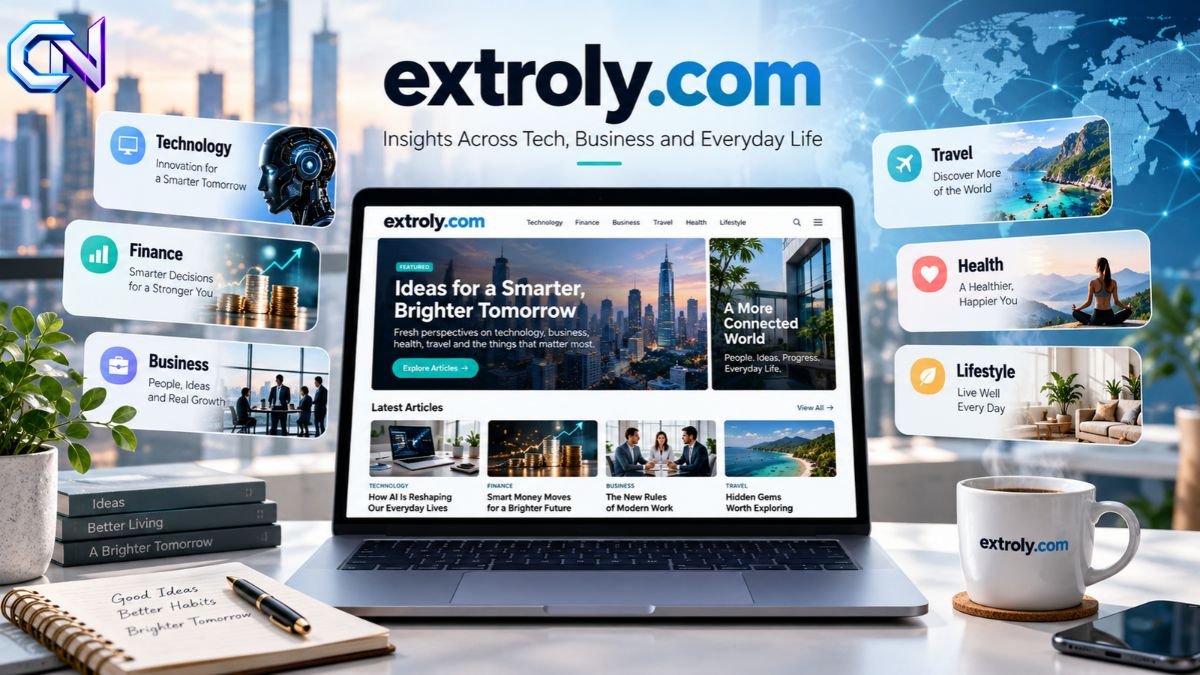 Editorial illustration representing Extroly.com as a multi-topic digital publishing website featuring technology, finance, business, travel and lifestyle content.