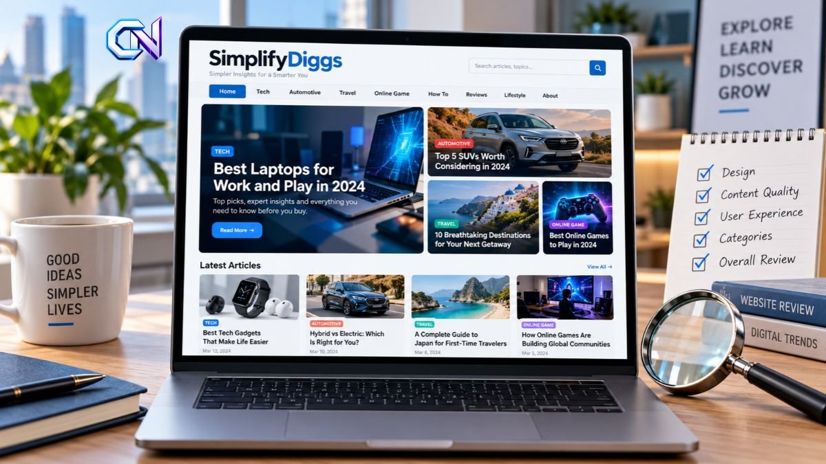 Laptop displaying a general-interest website with technology, automotive, travel and gaming content, illustrating a SimplifyDiggs website review.