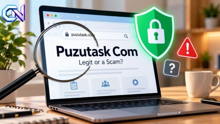 Puzutask Com website safety review illustration showing a laptop, security shield, and online privacy protection symbols.