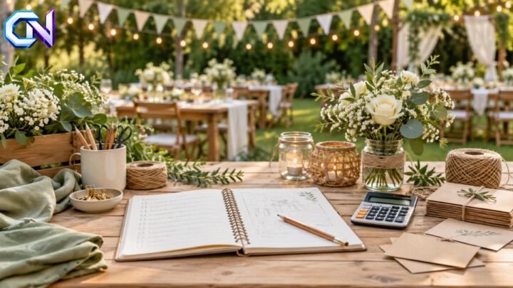 Event planning notebook beside a calculator, guest list and handmade table decorations.